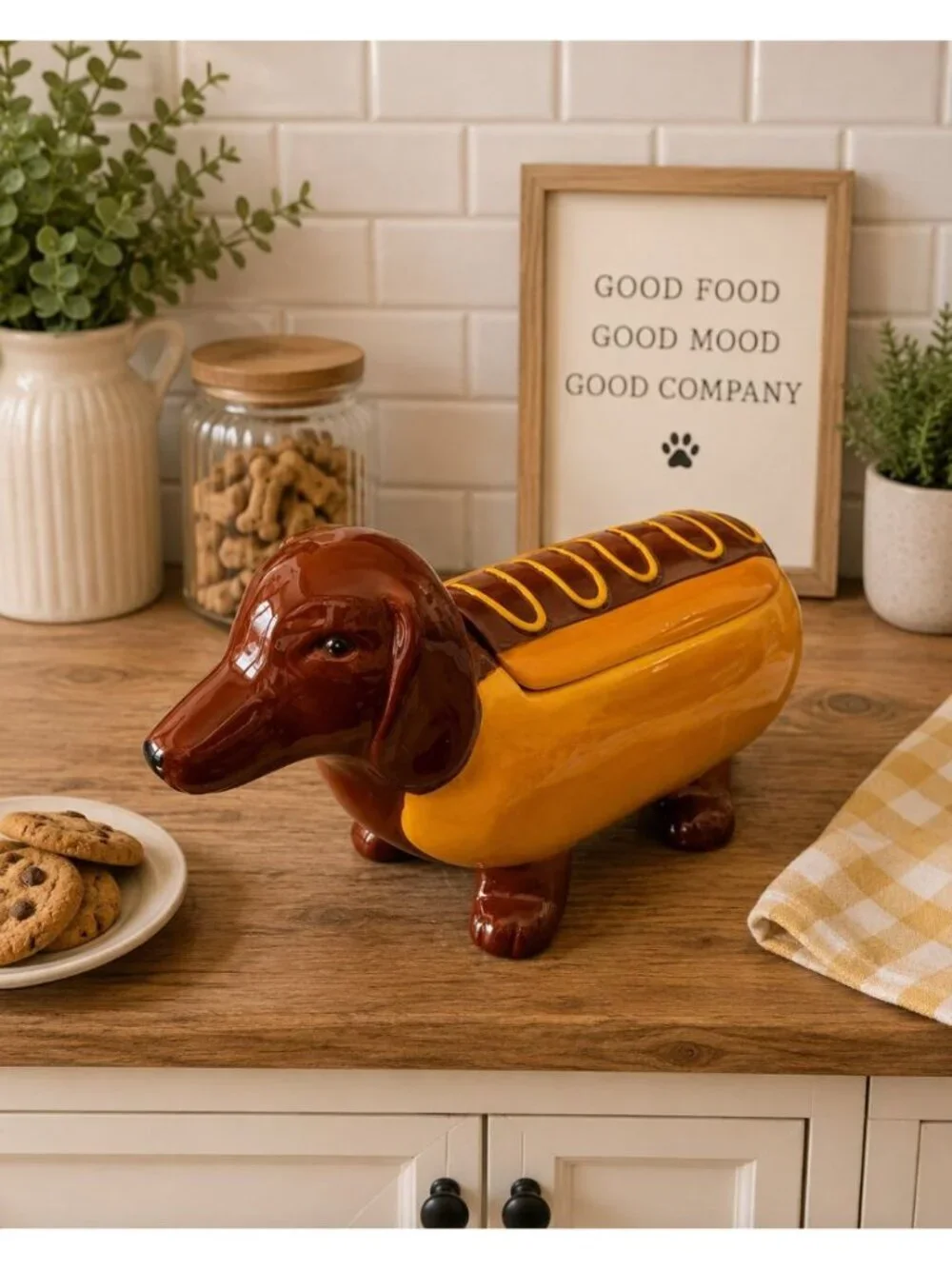 New Dachshund Hot Dog Ceramic Cookie Jar Kitchen Storage Room Decor